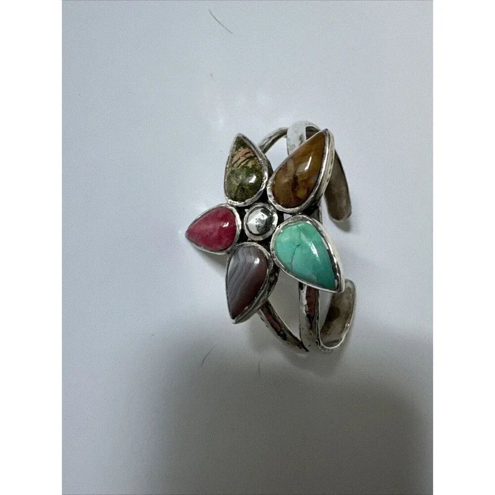 Barse Multi Gemstone Flower 925 Sterling Silver Cuff Bracelet
